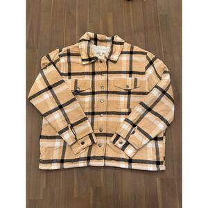 Lucky Brand Plaid Sherpa Lined Shacket Jacket Womens Size Large Tan Black White